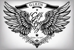 Simple tattoo with the word Glenn on a banner and angel wings tattoo idea