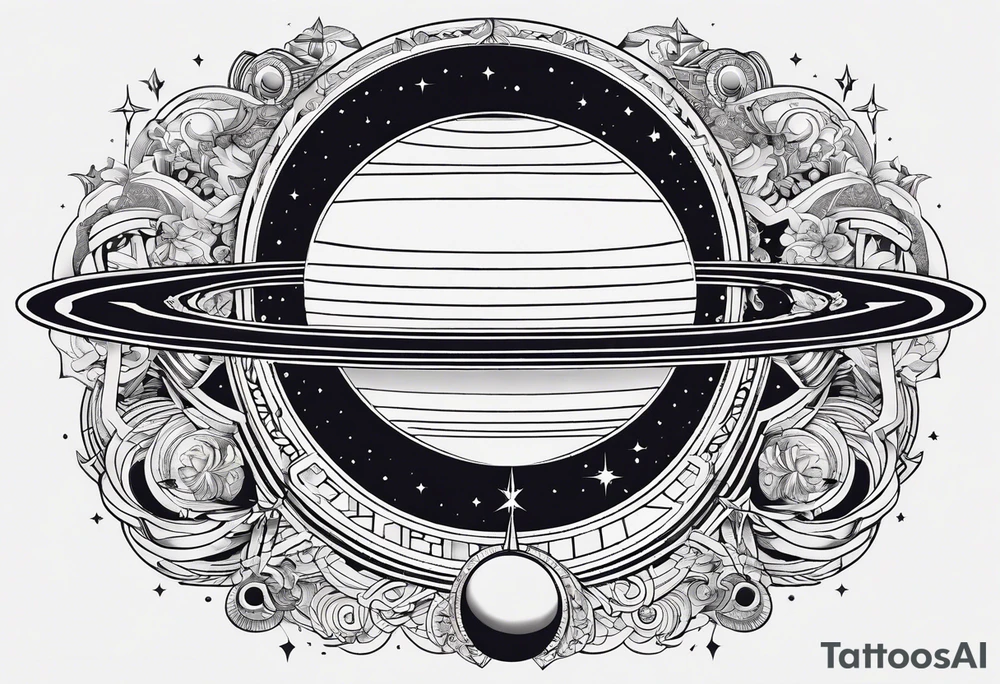 A tattoo with Saturn at the center surrounded by intricate linguistic symbols, reflecting the client's interests in cosmology and linguistics. tattoo idea