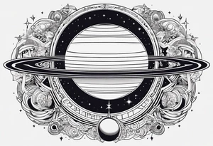 A tattoo with Saturn at the center surrounded by intricate linguistic symbols, reflecting the client's interests in cosmology and linguistics. tattoo idea