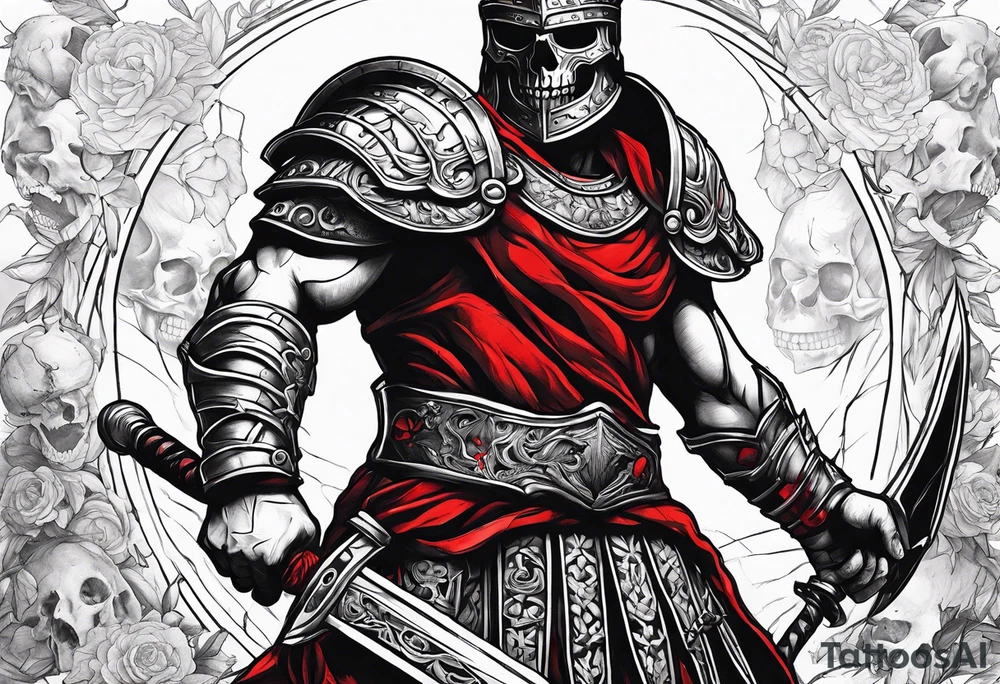Black and white full body of gladiator, with red clothes, red blood around, skulls and skeletons on the ground tattoo idea
