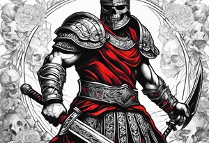 Black and white full body of gladiator, with red clothes, red blood around, skulls and skeletons on the ground tattoo idea