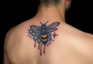 honeycomb with bee and dripping honey on a steampunk design on the upper arm tattoo idea