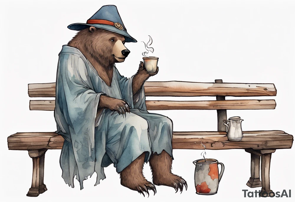 a medieval bear-human hybrid with a long grey beard wearing a tunic and a floppy hat sitting on a bench by a fireplace drinking from a wood cup tattoo idea