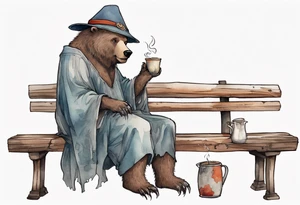 a medieval bear-human hybrid with a long grey beard wearing a tunic and a floppy hat sitting on a bench by a fireplace drinking from a wood cup tattoo idea