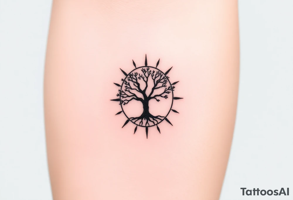 Tree inside of a spiral Fibonacci spiral sun tattoo idea