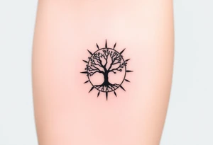 Tree inside of a spiral Fibonacci spiral sun tattoo idea