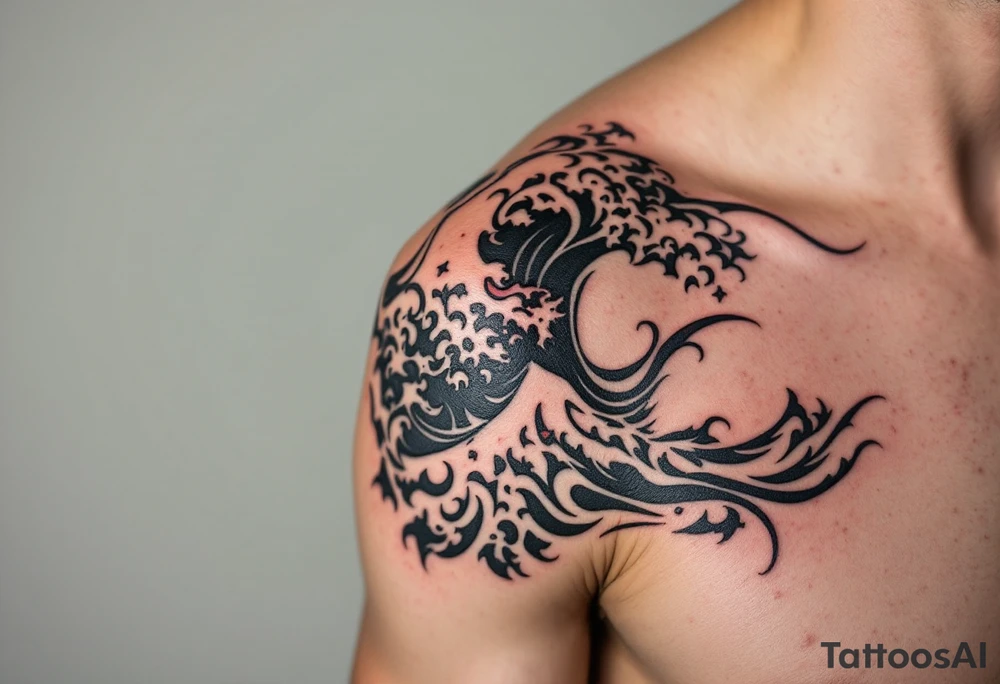 A tribal-style wave in bold black with red accents sweeps across the shoulder blade. tattoo idea