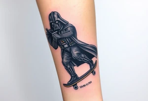 Darth Vader skateboarding with gun> bullets > memorial > god > colors > futuristic/space/star wars
add name "Darth Carter" on skateboard
add date 12/29/88-01/06/24 tattoo idea