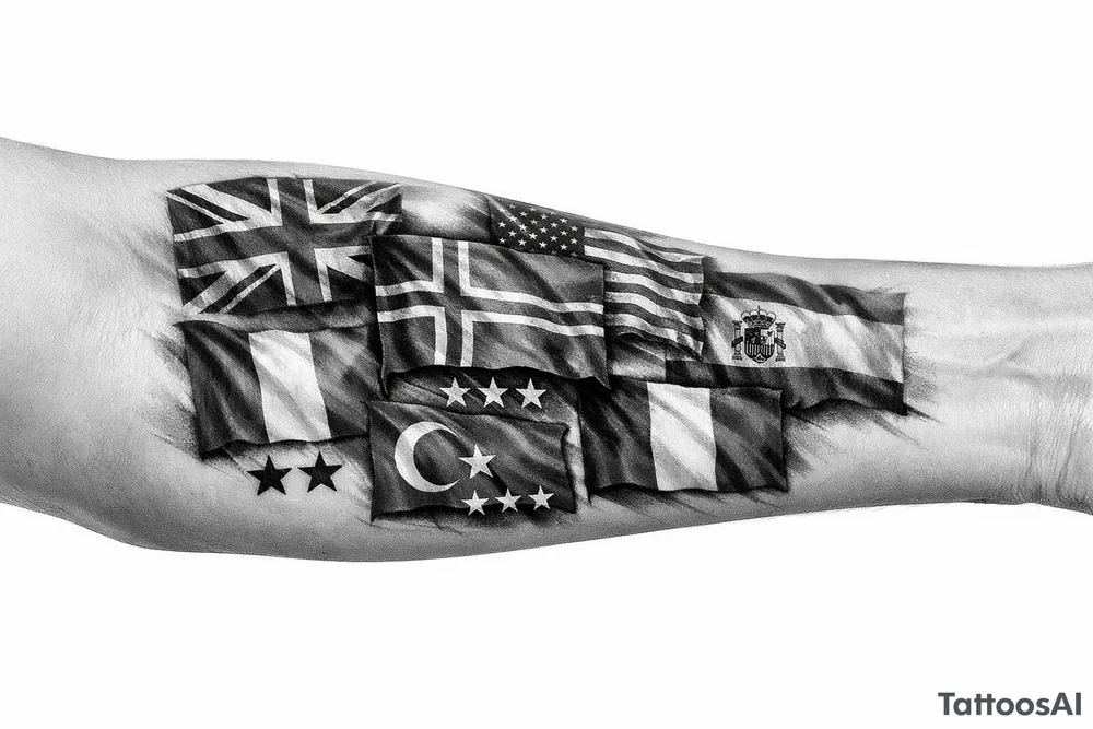 England USA Iceland Italy Spain Turkey France Hungary flags inside forearm can u put 3 stars under iceland , 2 under turkey and italy tattoo idea