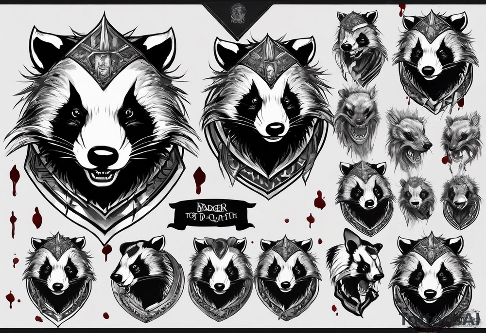 Draw me psychopath Badger/Gladiator with aggressive full body, killer face with a scary smile, very long nails and he attacks like a Bloody Assassin to us and also, he has very deadly looking. He fights with his nails. Everybody scares after their first sight. Give me horror type Badger Tattoo. I want to see his Realistic full body. tattoo idea