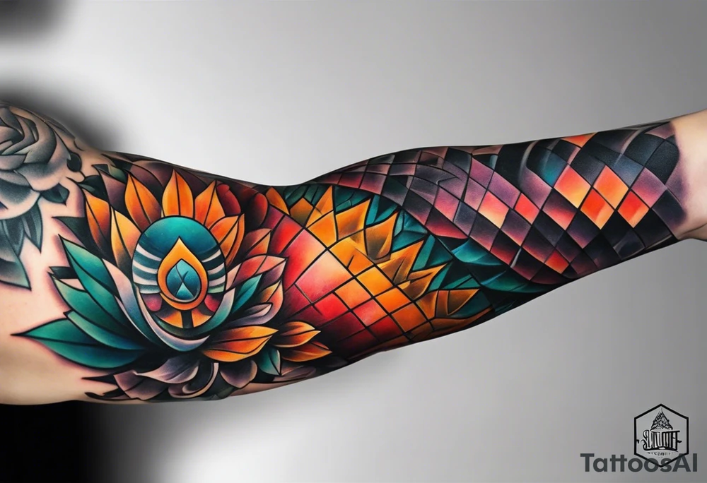 Full arm sleeve with fall colors and shapes tattoo idea