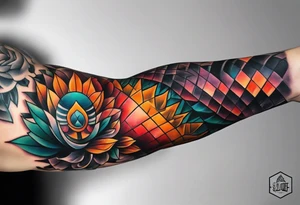 Full arm sleeve with fall colors and shapes tattoo idea