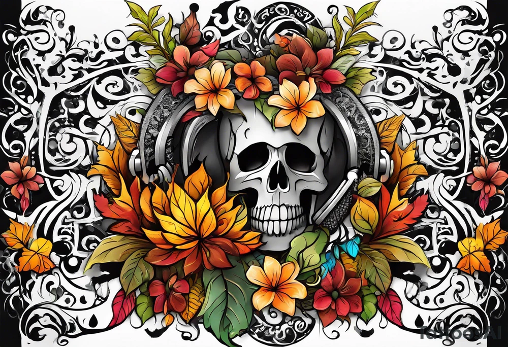 arm sleeve with fall colors, flowers, water flow shapes, leaves and various natural shapes, music notes, skulls tattoo idea