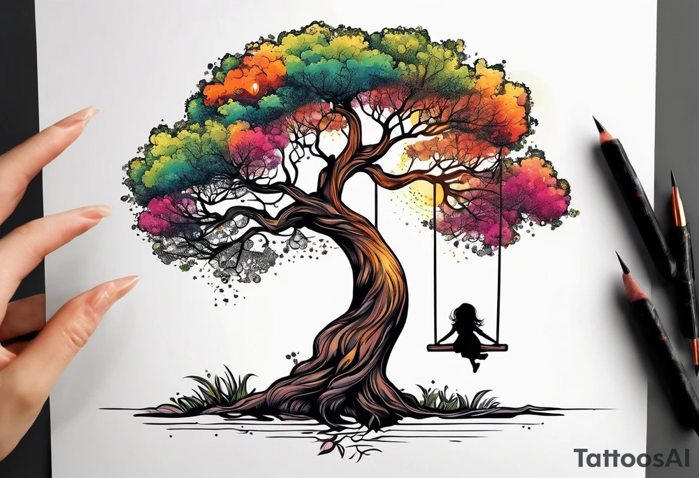 little girl swinging under a tree of life tattoo idea