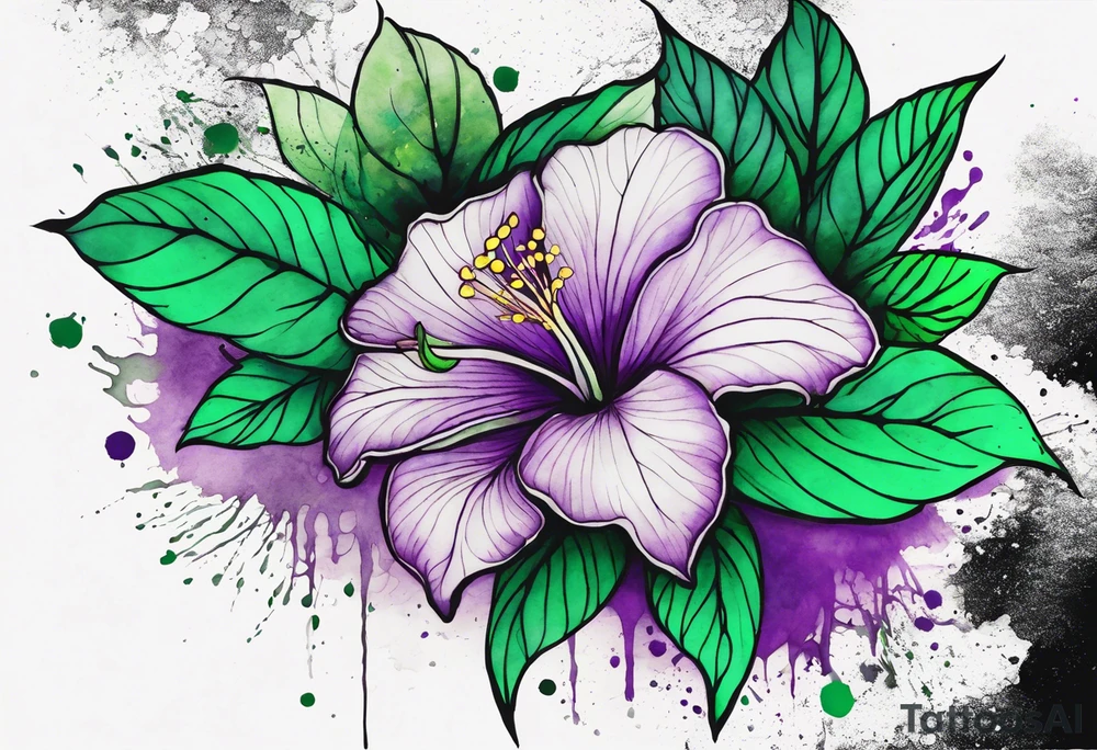 A mystical outline of a green with a bit of purple rio dipladenia flower and a green and purple watercolor splash in the background tattoo idea