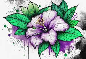 A mystical outline of a green with a bit of purple rio dipladenia flower and a green and purple watercolor splash in the background tattoo idea