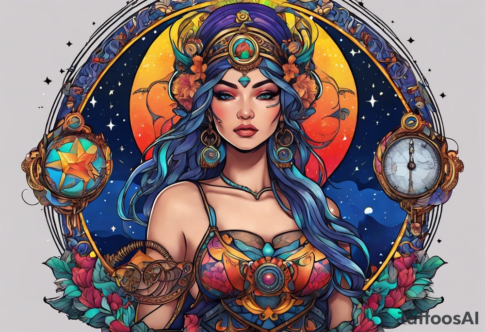 Libra woman holding scales with a night zodiac background including a half moon that encircles half of the woman with vibrant colors tattoo idea