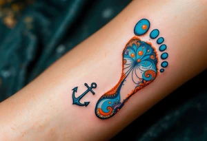 Bright teal and orange footprints of Václav, with a small anchor beside them, symbolizing his strength and stability. tattoo idea