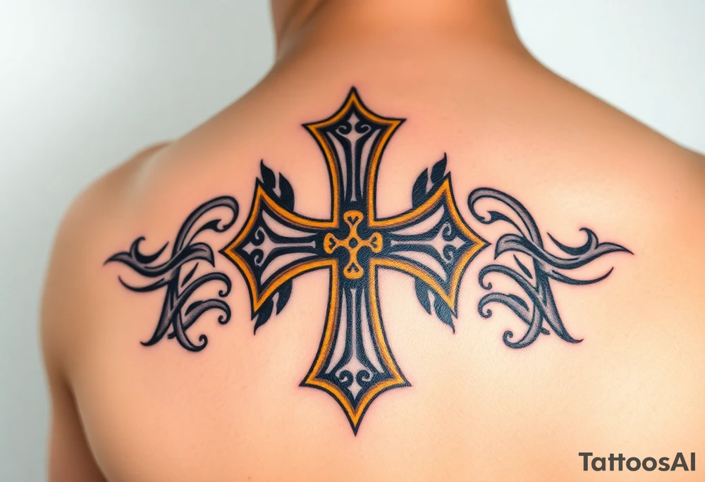 A metallic silver Templar cross with a golden outline, designed in a 3D engraving style for a regal look. tattoo idea