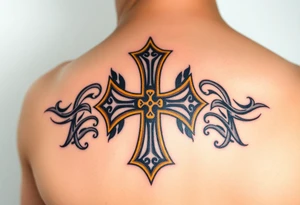 A metallic silver Templar cross with a golden outline, designed in a 3D engraving style for a regal look. tattoo idea