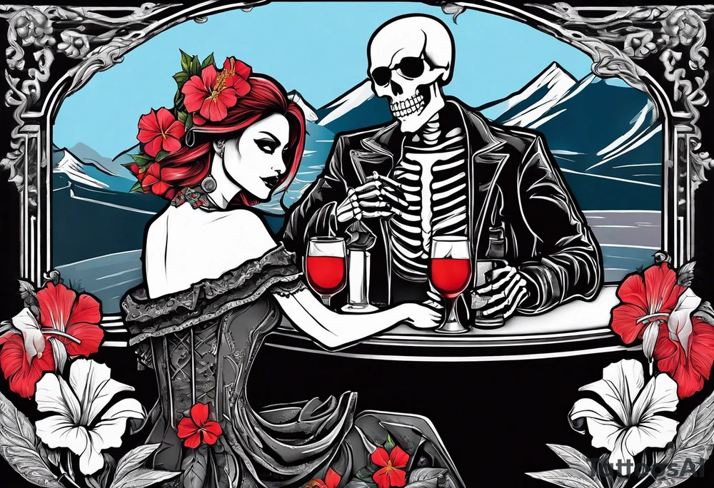 a bar scene with a skeleton couple with hibiscus flowers. western style tattoo idea
