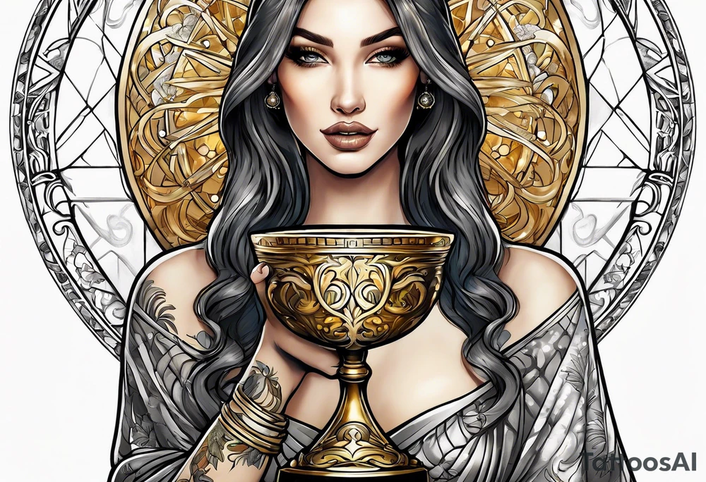 woman holding chalice surrounded by golden halo tattoo idea