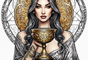 woman holding chalice surrounded by golden halo tattoo idea