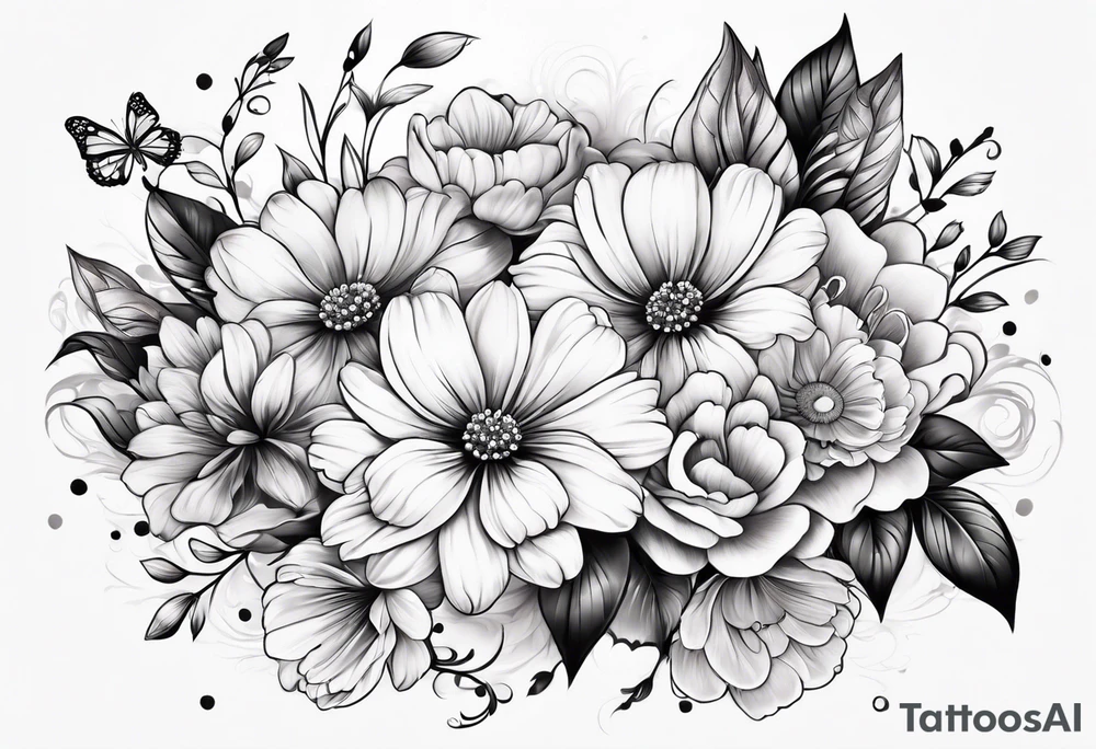 Female arm sleeve with pink, white, and teal flowers and butterflies tattoo idea
