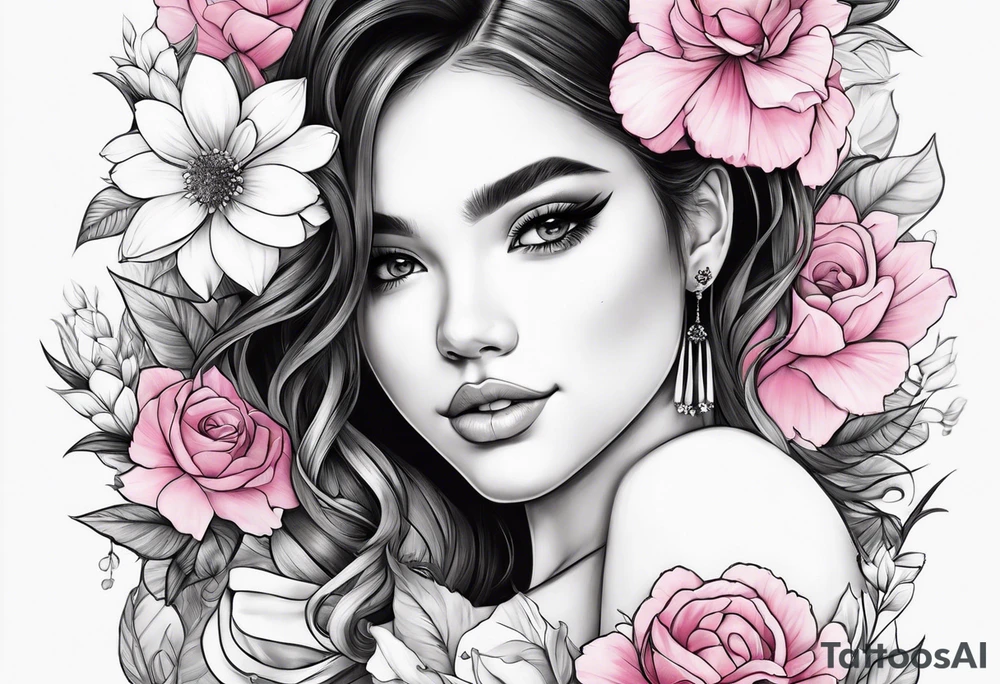a cute girl with baby flower pink color tattoo idea