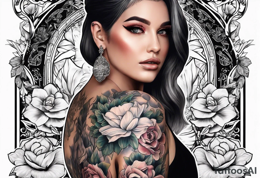 Sleeve with blind Themis and flowers tattoo idea