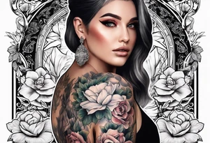 Sleeve with blind Themis and flowers tattoo idea