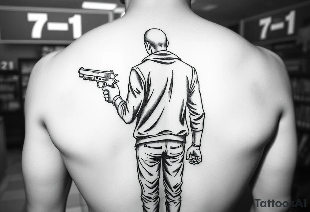 Someone standing in from of 7/11 with a gun and a wad of cash in the other hand tattoo idea