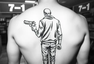 Someone standing in from of 7/11 with a gun and a wad of cash in the other hand tattoo idea