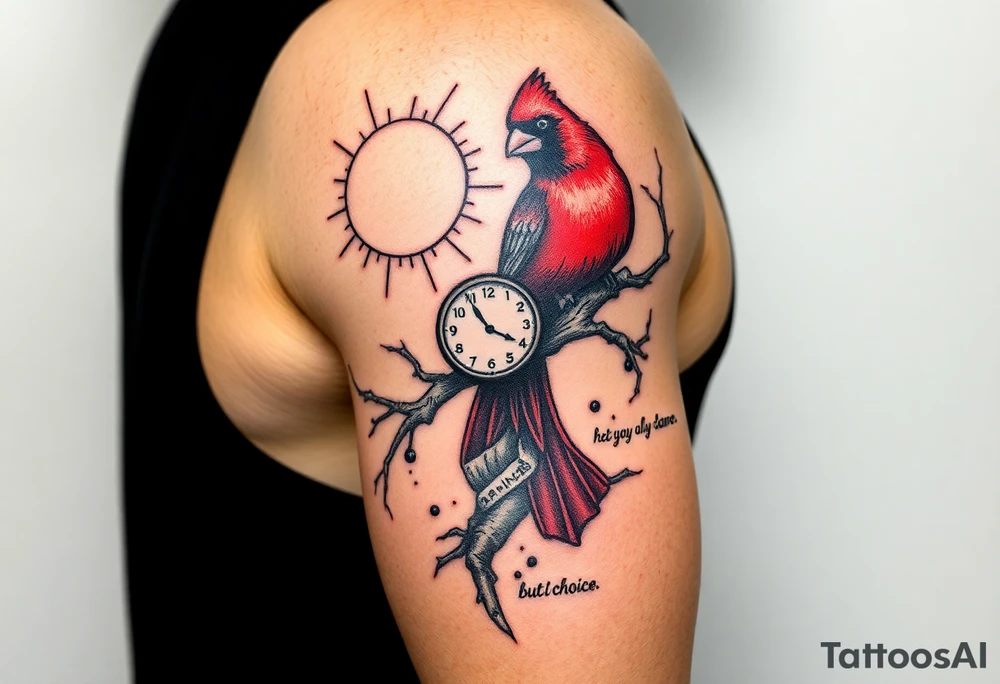 Create an image for a half sleeve tattoo on the right arm of a man.  The tattoo should incorporate a red cardinal bird on a tree branch with a sun and a clock.  It should also incorporate a quote of "Happiness is not by chance but by choice". tattoo idea