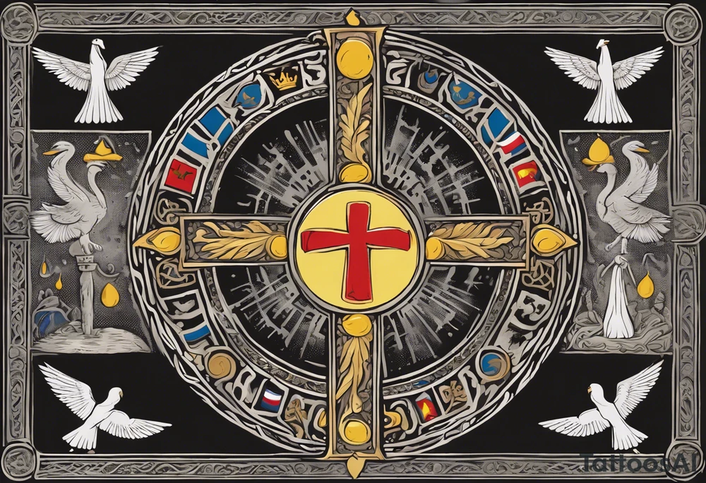 A medieval cross with an assyrian flag in the middle. A crown om top of the cross. The assyrian king Sennacherib. A sun and a moon. A cloud with rain and thunder. charizard. an imperfect cirkle. a candle. a swan. lemons. the god asshur with wings. an ankh. angel wings with a halo. surrounded by olive branches and feathers. tattoo idea