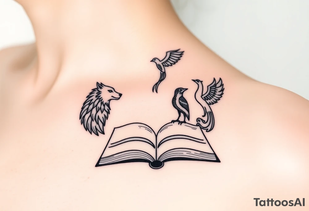 An open book with silhouettes of a werewolf, owl, dragon & phoenix above it tattoo idea