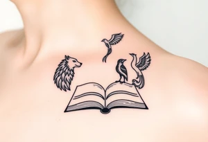 An open book with silhouettes of a werewolf, owl, dragon & phoenix above it tattoo idea