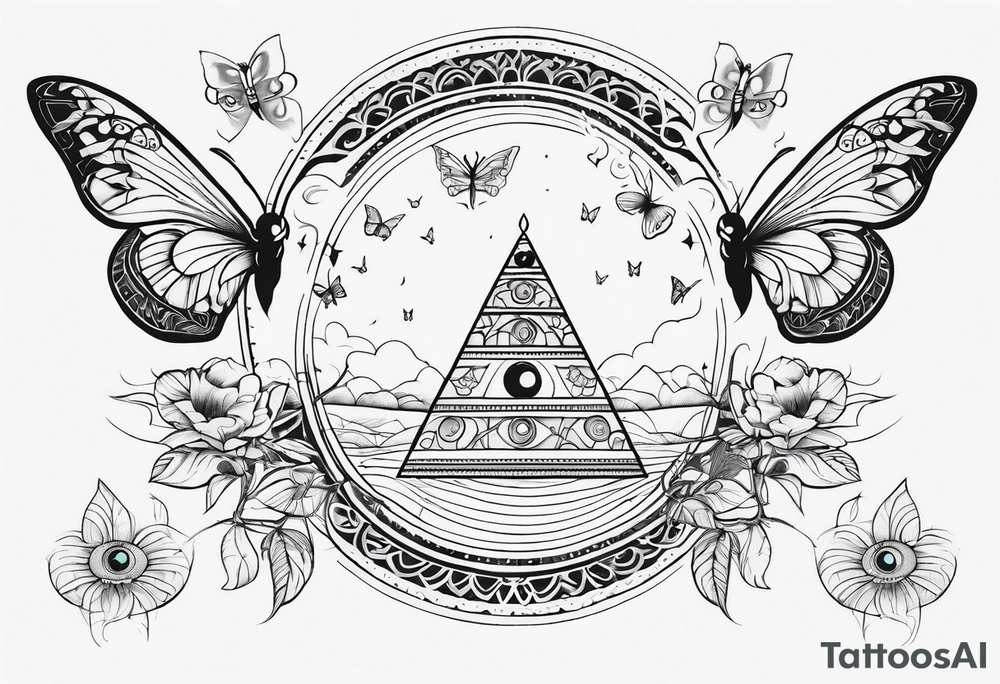 Spiritual mandala tattoo sleeve with 444, eye of Horus, tree of life and butterflies tattoo idea