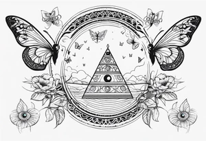 Spiritual mandala tattoo sleeve with 444, eye of Horus, tree of life and butterflies tattoo idea
