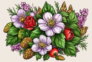 Hops, Rosemary, Thyme, Sage, Juniper, Corn, Wheat, Rose, Sunflower, Cherry blossom, Apple blossom, Honeycomb, Maple leaves, Violet/primrose, Carrot, Cherry tattoo idea