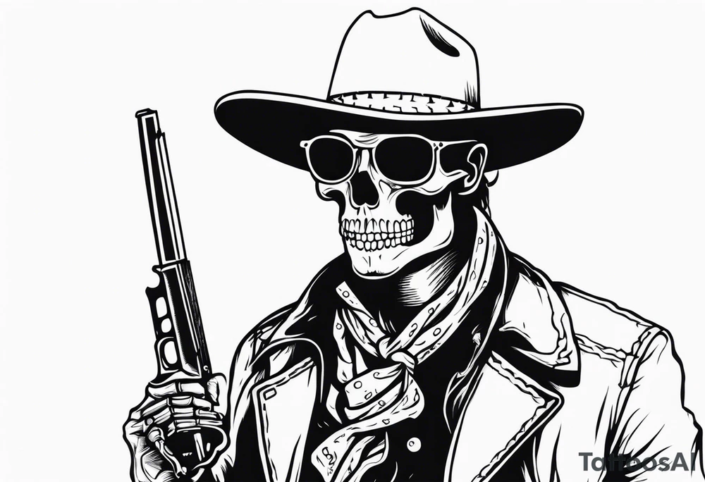 Skeleton Cowboy with a knife in his mouth and revolver in his hand tattoo idea