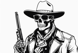 Skeleton Cowboy with a knife in his mouth and revolver in his hand tattoo idea