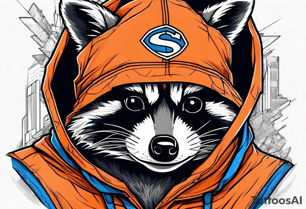 Raccoon wearing an orange Superman hoodie tattoo idea