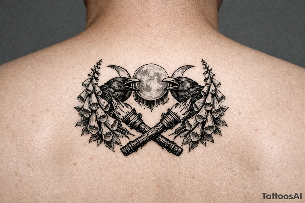 A stylized triple moon with ravens and crossing torches, framed by foxglove for chest tattoo idea