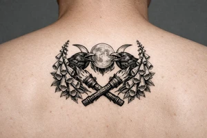 A stylized triple moon with ravens and crossing torches, framed by foxglove for chest tattoo idea