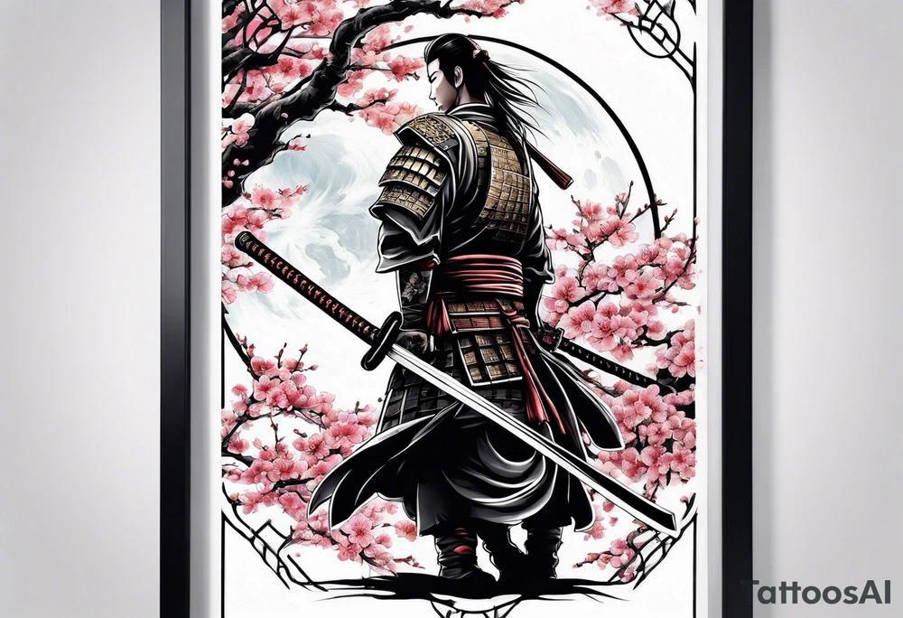 Japanese samurai sword sakura moon tattoo idea