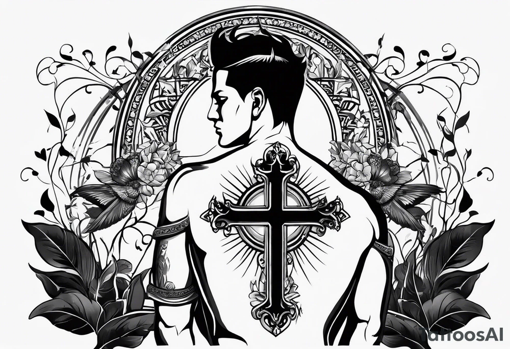 An aesthetic but unpretentious tattoo that is placed on the upper back of a male. It should represent catholic religion, discipline, pain and the love to animals. It should spread over the back of the shoulders. tattoo idea