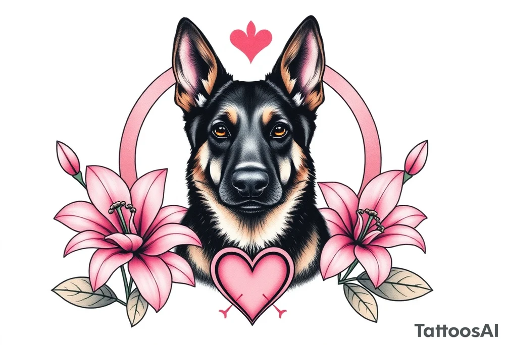 strong looking short haired german shepherd with alert ears surrounded by pink lilies with large leaves in front of a sacred heart tattoo idea