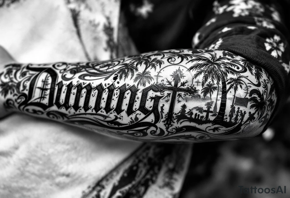 Dunning, Romanian theme with palm trees, cross,angels tattoo idea Dunning, Romanian theme with palm trees, cross,angels tattoo idea