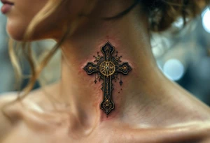 Vintage Cross with Clockwork Design – A very tiny vintage bronze cross featuring intricate clock gears in gold and rust, combining faith and time, with some soft shading in the middle of a neck. tattoo idea